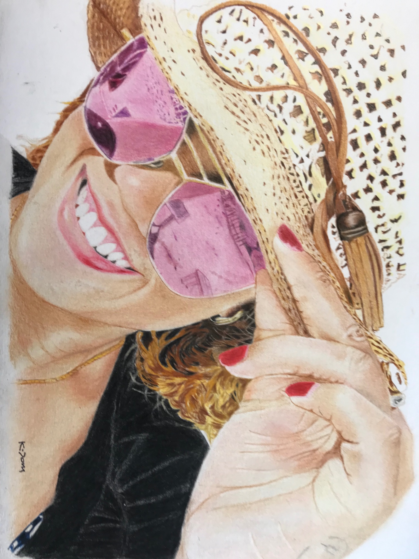 Femme malagasy au chapeau de paille — Crayons de couleur sur papier